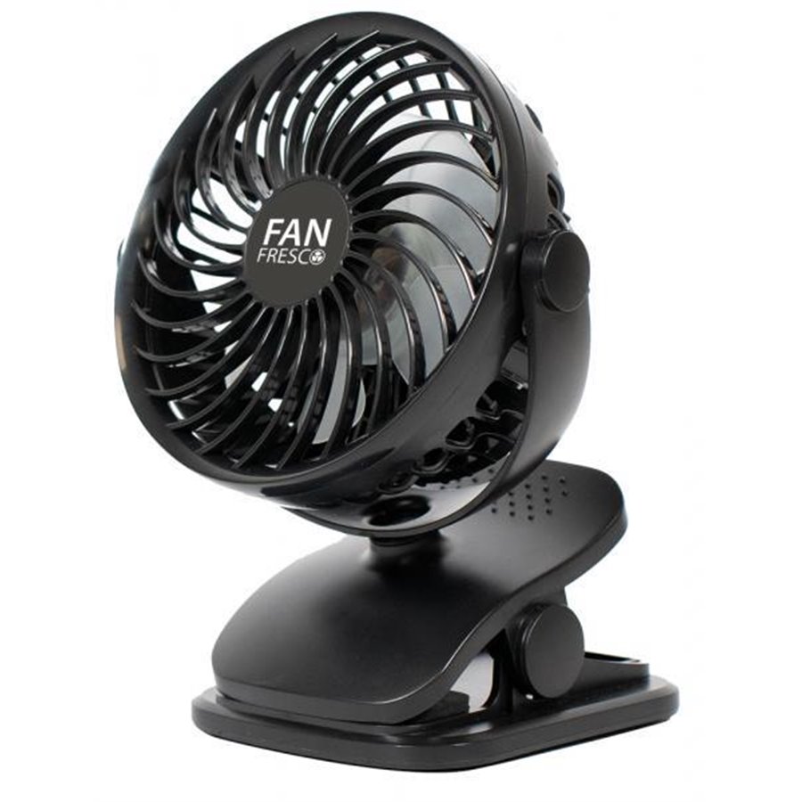 Ventilatore ricaricabile con base d'appoggio e clip