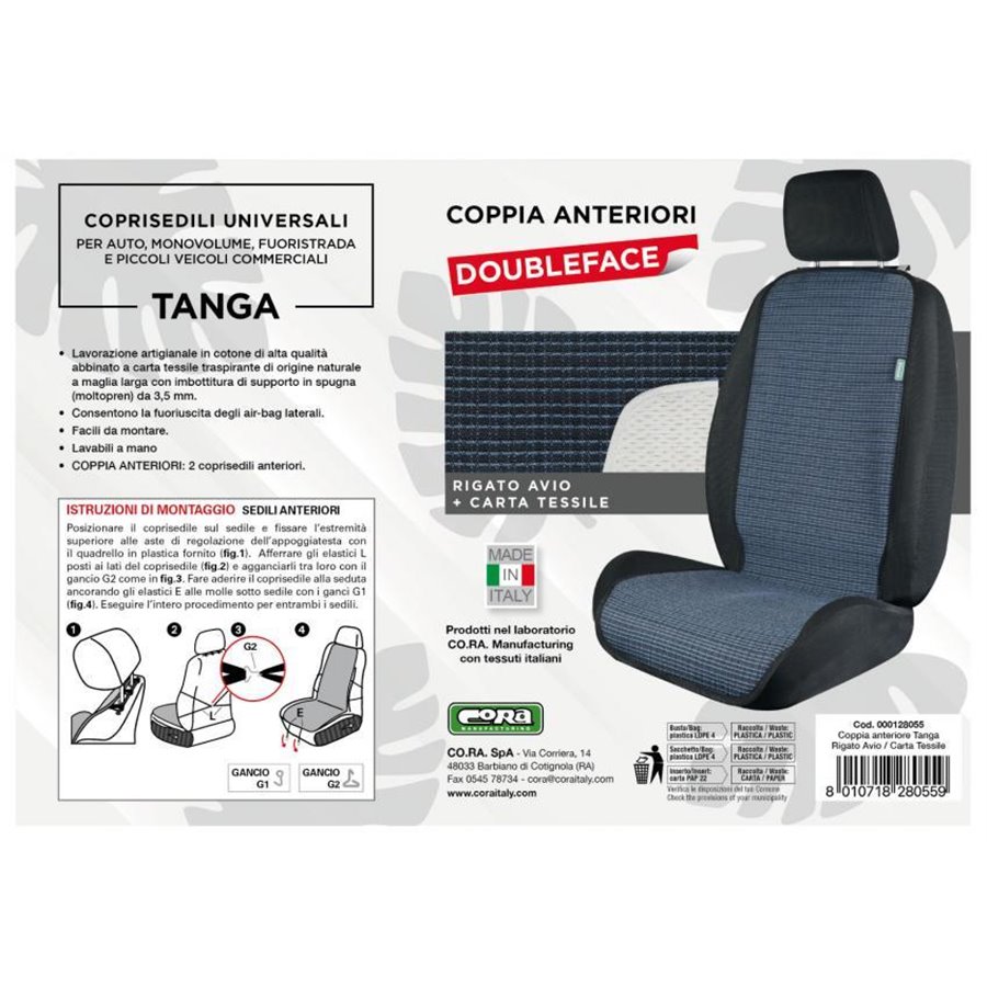 Coprisedili anteriori universali Tanga Doubleface Rigato avio/carta tessile