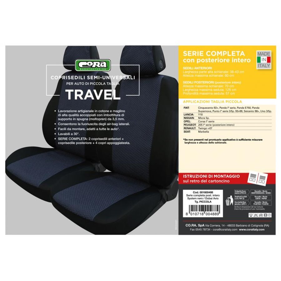 Serie completa coprisedili Travel tess. misto cotone avio/nero