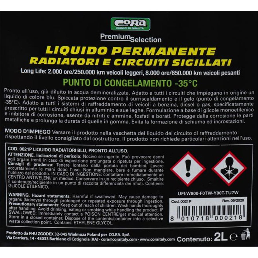 Liquido permanente radiatori e circuiti sigillati -35°C blu 2 L