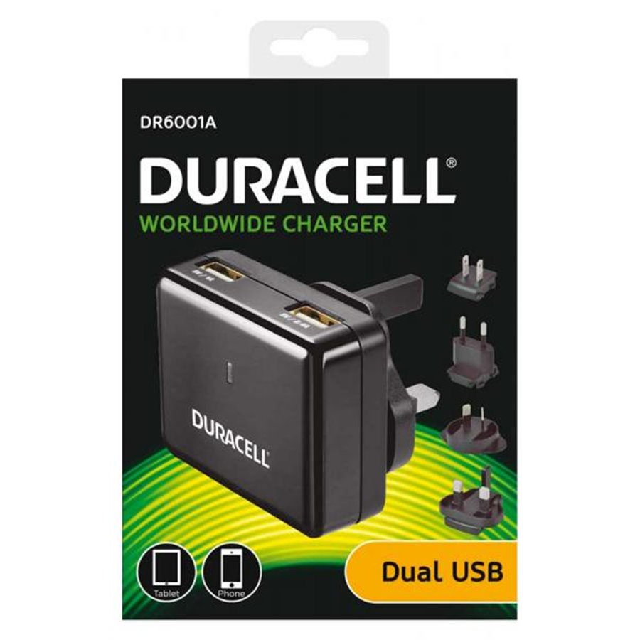 Caricatore da viaggio 110/240V con doppia presa USB 2.4A+1A nero