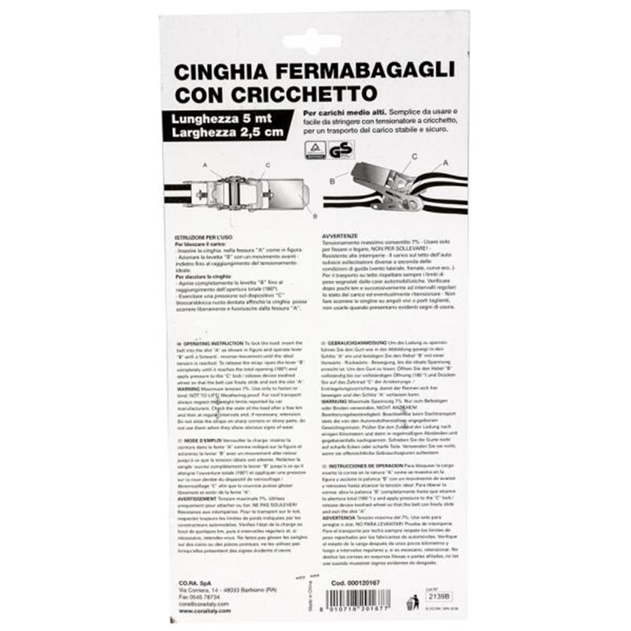 Cinghia fermabagagli con cricchetto 500 cm