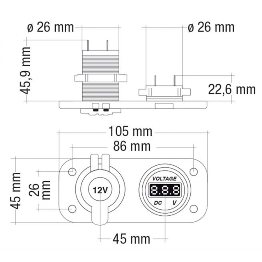 Presa di corrente da incasso 15A/12V-10A/24V con voltmetro 5V-30V DC