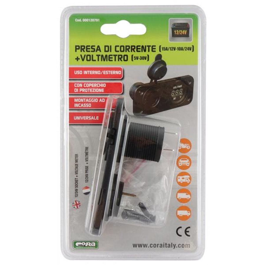 Presa di corrente da incasso 15A/12V-10A/24V con voltmetro 5V-30V DC