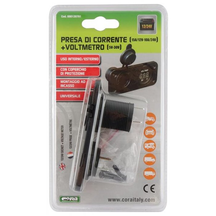 Presa di corrente da incasso 15A/12V-10A/24V con voltmetro 5V-30V DC