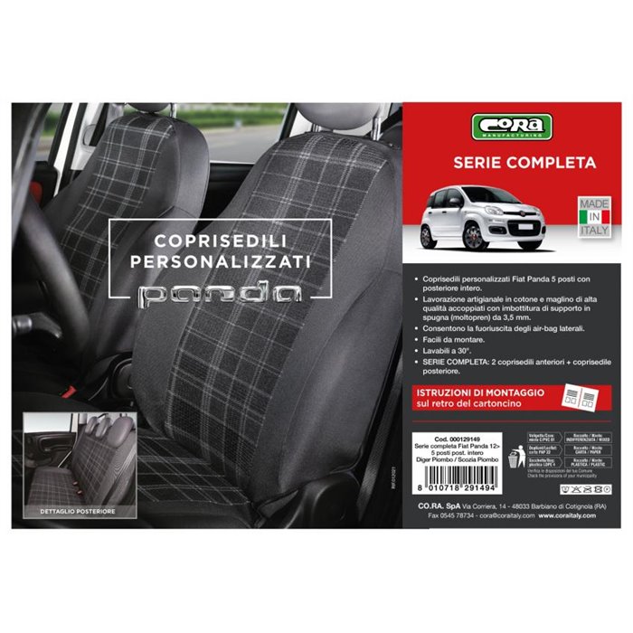 Serie completa coprisedili personalizzati Fiat Panda 12 5 posti post. intero tess. misto cotone scozzese grigio/piombo