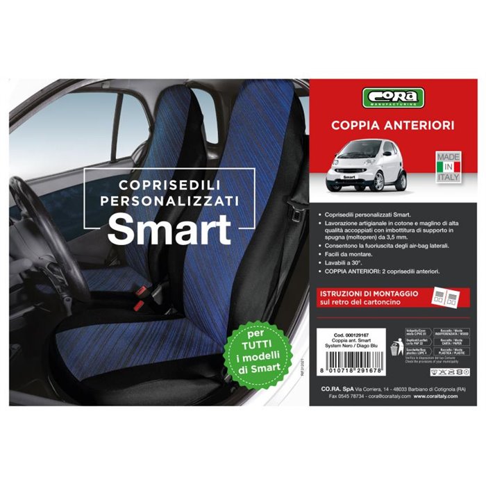 Coprisedili anteriori personalizzati Smart Fortwo tess. misto cotone blu/nero