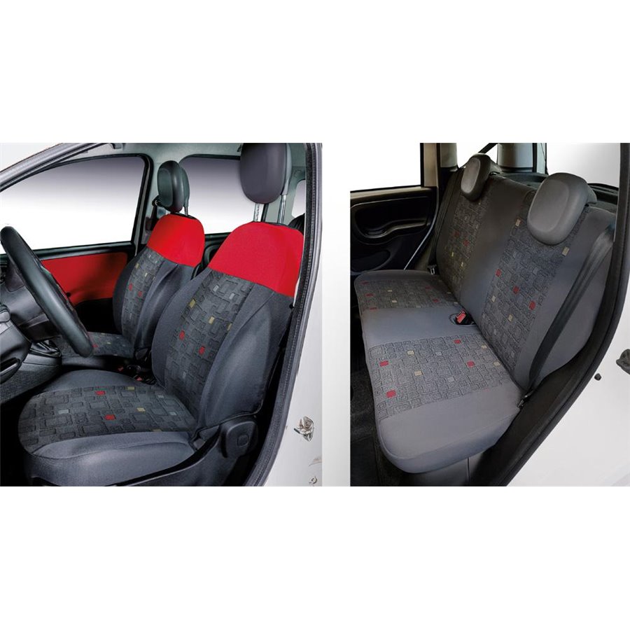 Serie completa coprisedili personalizzati Fiat Panda 12 4 posti post. intero tess. misto cotone quadri grigio/rosso