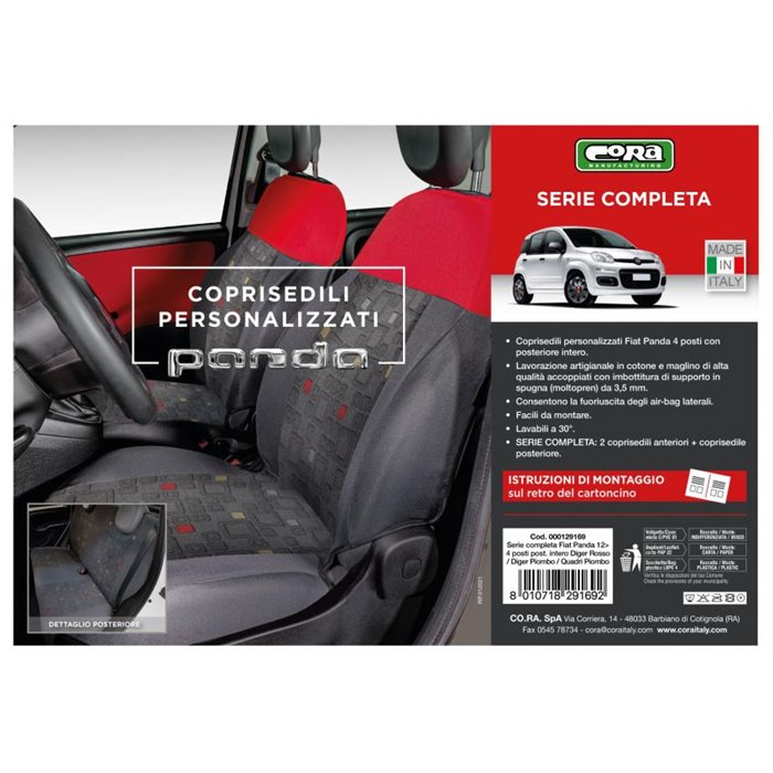 Serie completa coprisedili personalizzati Fiat Panda 12 4 posti post. intero tess. misto cotone quadri grigio/rosso