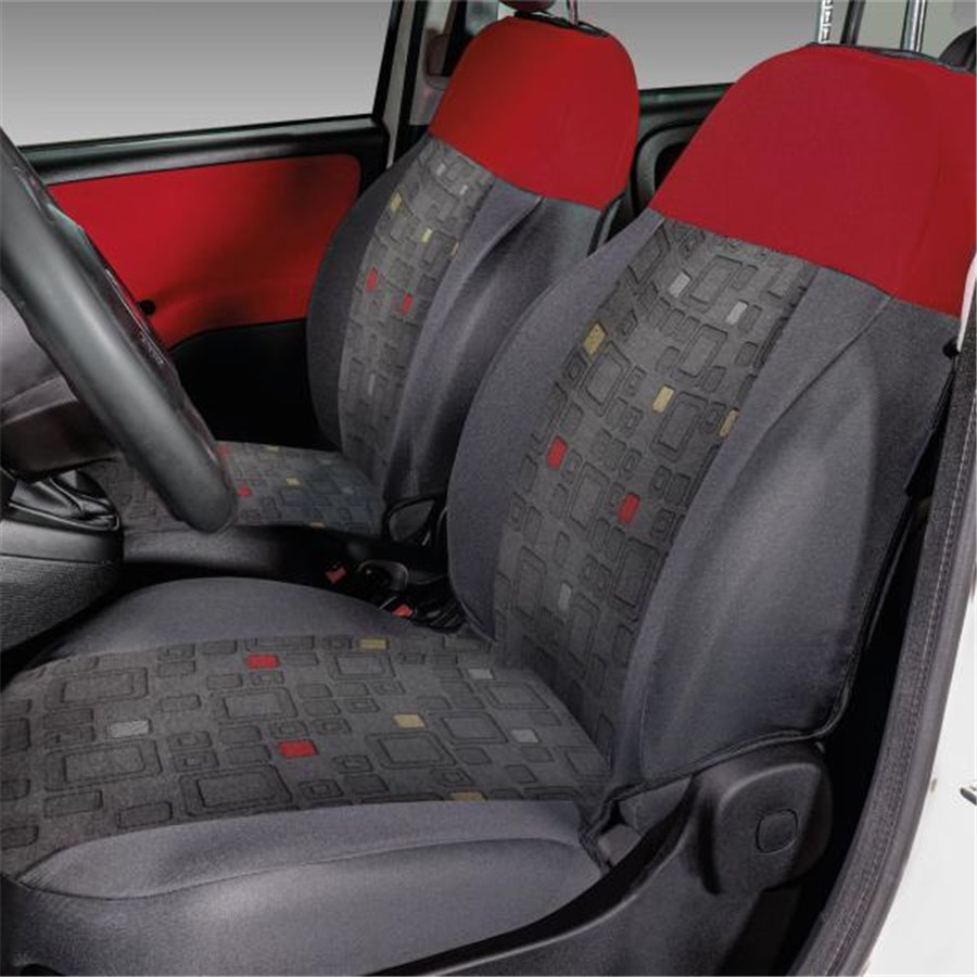 Serie completa coprisedili personalizzati Fiat Panda 12 4 posti post. diviso tess. misto cotone quadri grigio/rosso