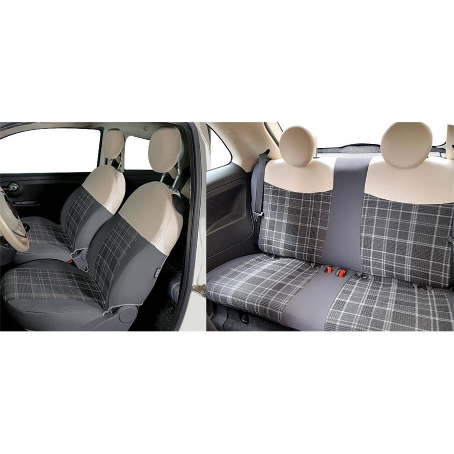 Serie completa coprisedili personalizzati Fiat 500 07  tess. misto cotone scozzese grigio/panna