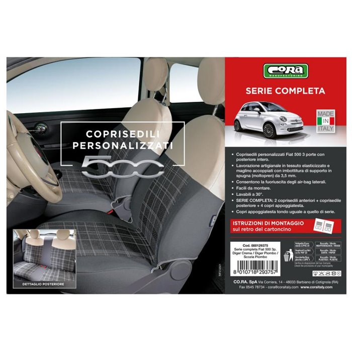 Serie completa coprisedili personalizzati Fiat 500 07  tess. misto cotone scozzese grigio/panna