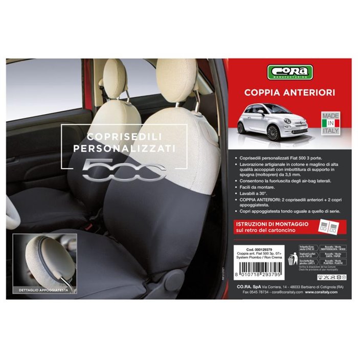 Coprisedili anteriori personalizzati Fiat 500 07  tess. misto cotone grigio/panna