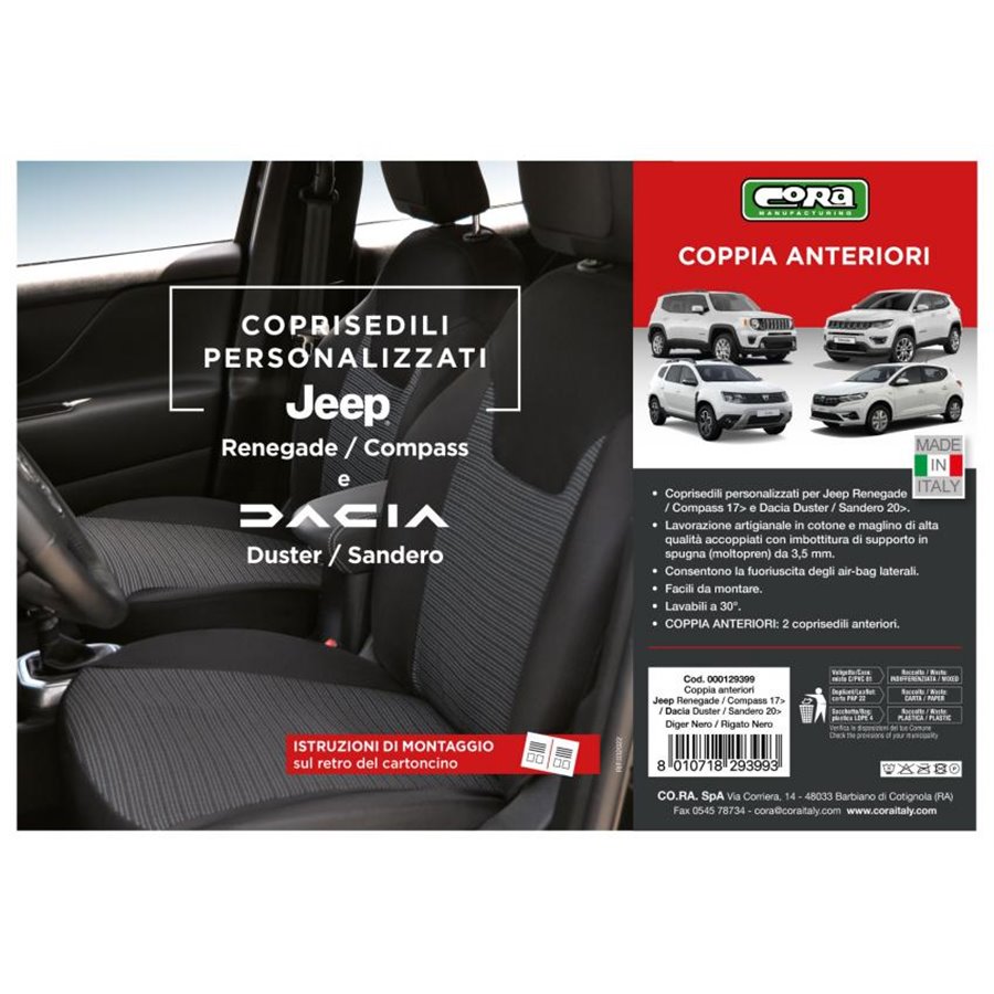 Coprisedili anteriori personalizzati JEEP Renegade 14/Compass 17, DACIA Duster 10/Sandero 20/Jogger 21 tess. rigato nero