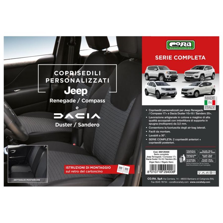 Serie completa coprisedili personalizzati JEEP Renegade 14/Compass 17, DACIA Sandero 20 tess. rigato nero