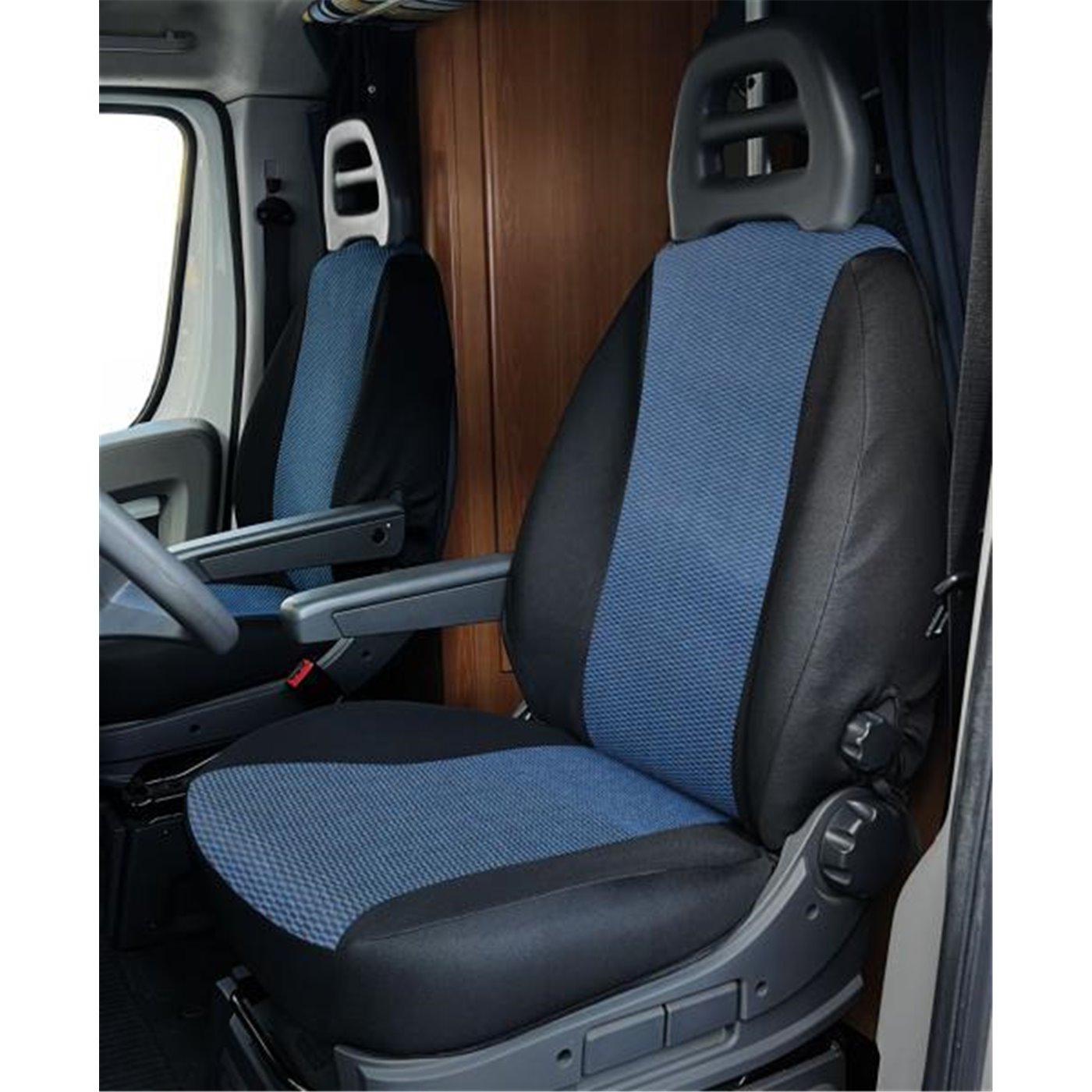 Coprisedili anteriori personalizzati Fiat Ducato camper 0206 tess. misto cotone nero/avio