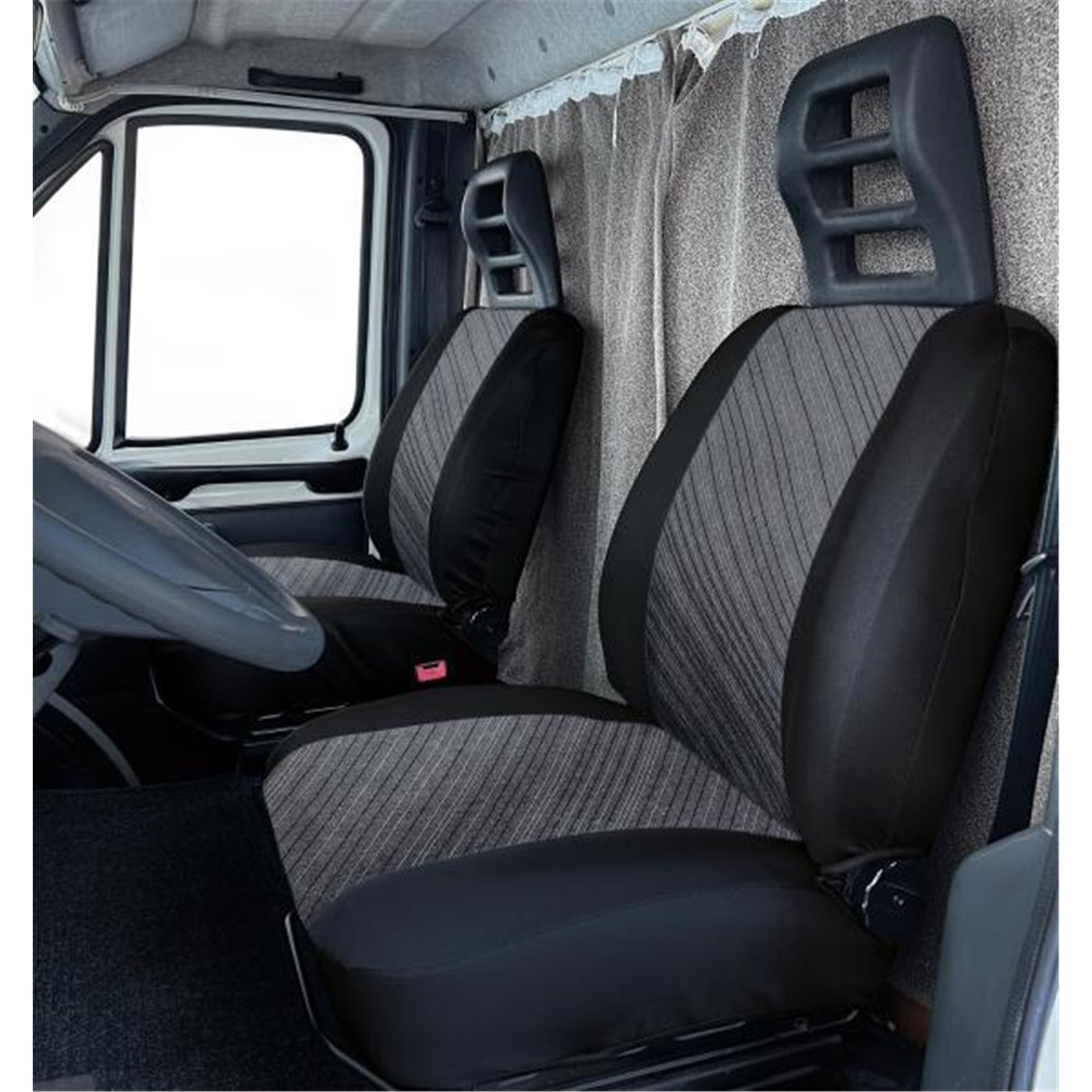 Coprisedili anteriori personalizzati Fiat Ducato camper 9402 tess. misto cotone grigio/nero