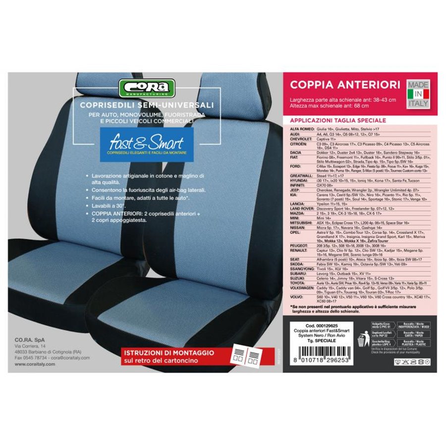 Coprisedili anteriori Fast&Smart tg. speciale tess. misto cotone avio/nero