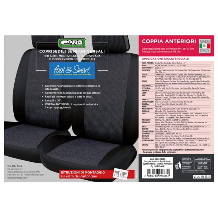 Coprisedili anteriori Fast&Smart tg. speciale tess. misto cotone antracite/nero