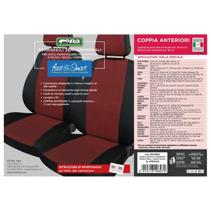 Coprisedili anteriori Fast&Smart tg. speciale tess. misto cotone rosso/nero