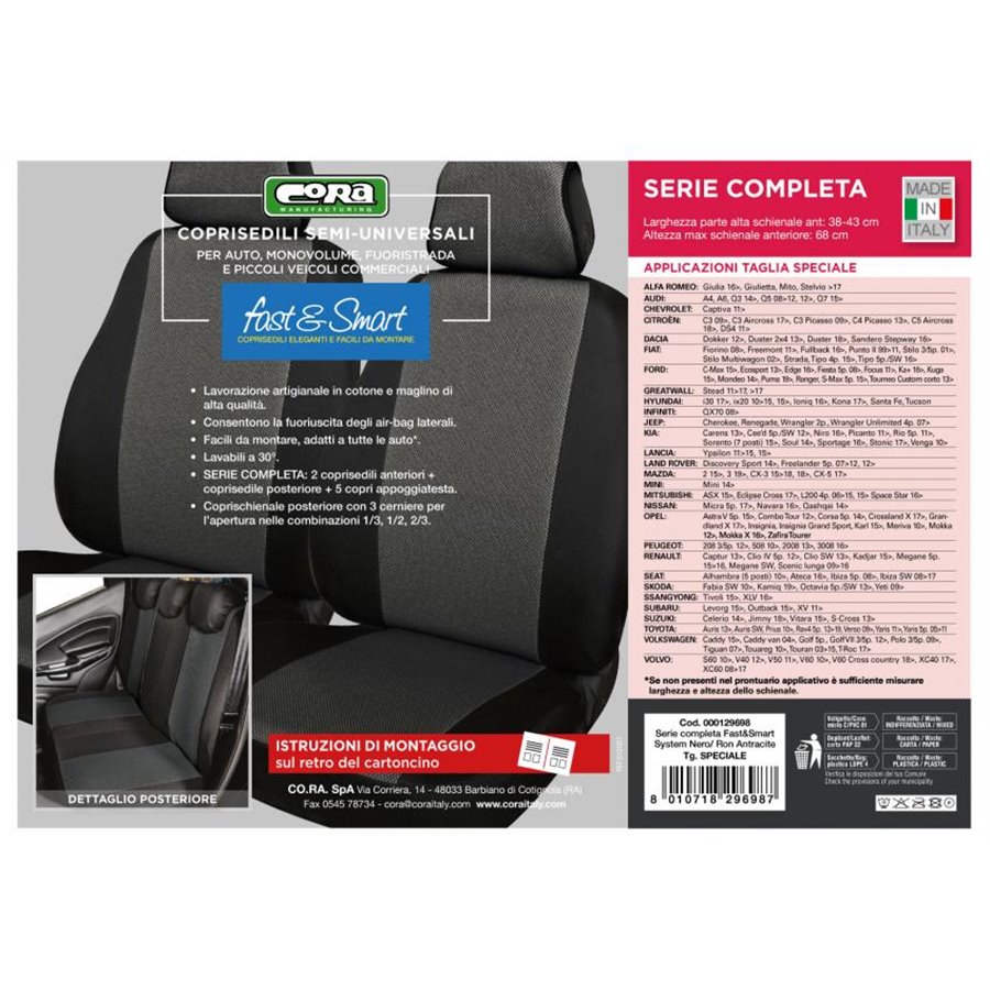 Serie completa coprisedili Fast&Smart tg. speciale tess. misto cotone antracite/nero