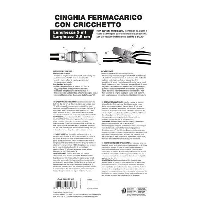 Cinghia fermabagagli con cricchetto 500 cm