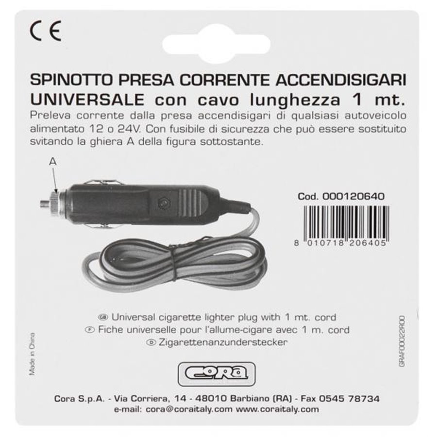 Spinotto presa accendisigari 12/24V con cavo 1 m