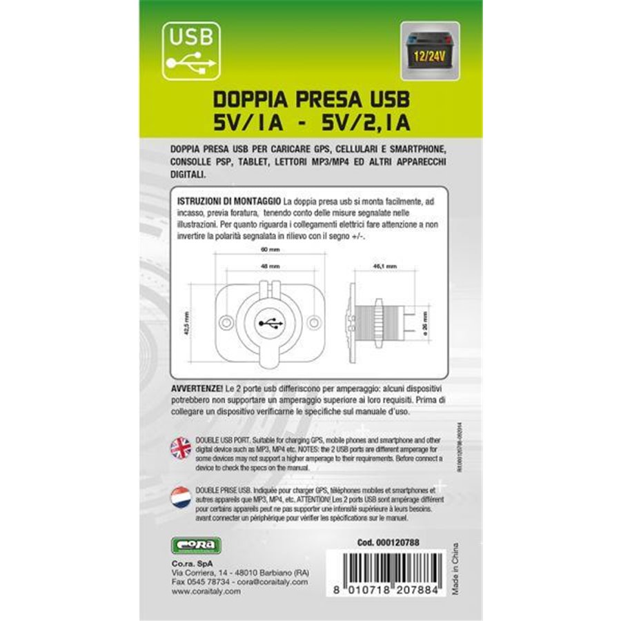 Doppia presa USB da incasso 5V/1A - 5V/2.1A