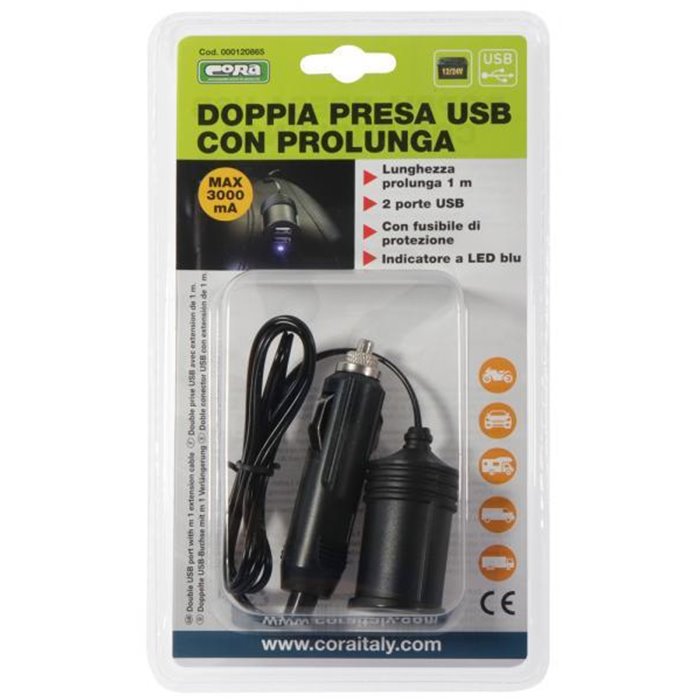 Doppia presa USB con prolunga 1 m