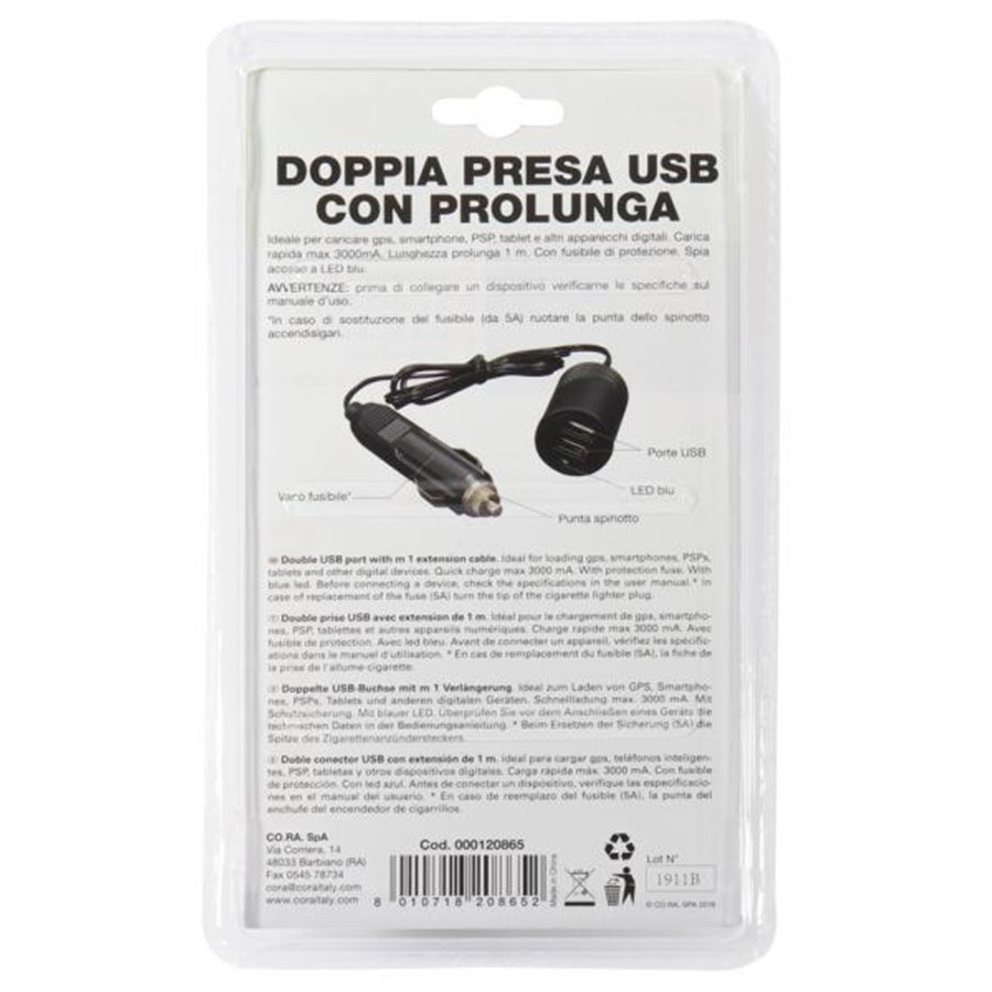 Doppia presa USB con prolunga 1 m