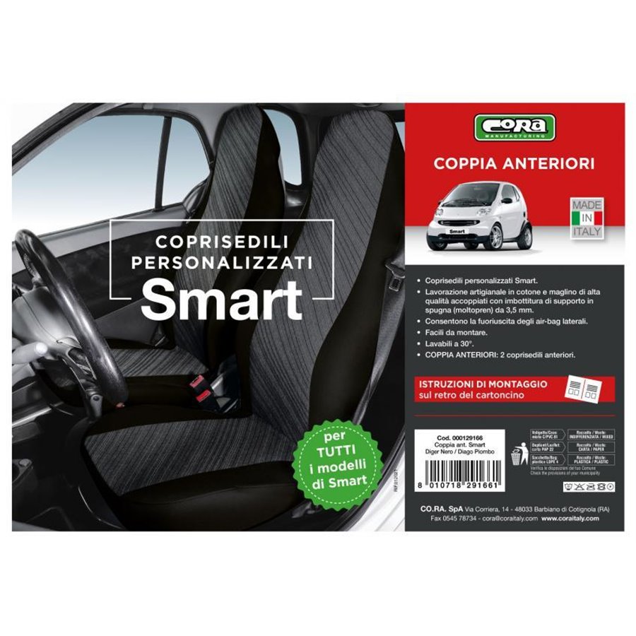 Coprisedili anteriori personalizzati Smart Fortwo tess. misto cotone grigio/nero