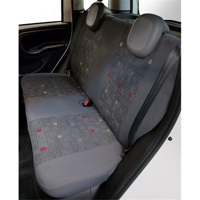 Serie completa coprisedili personalizzati Fiat Panda 12 4 posti post. intero tess. misto cotone quadri grigio/rosso