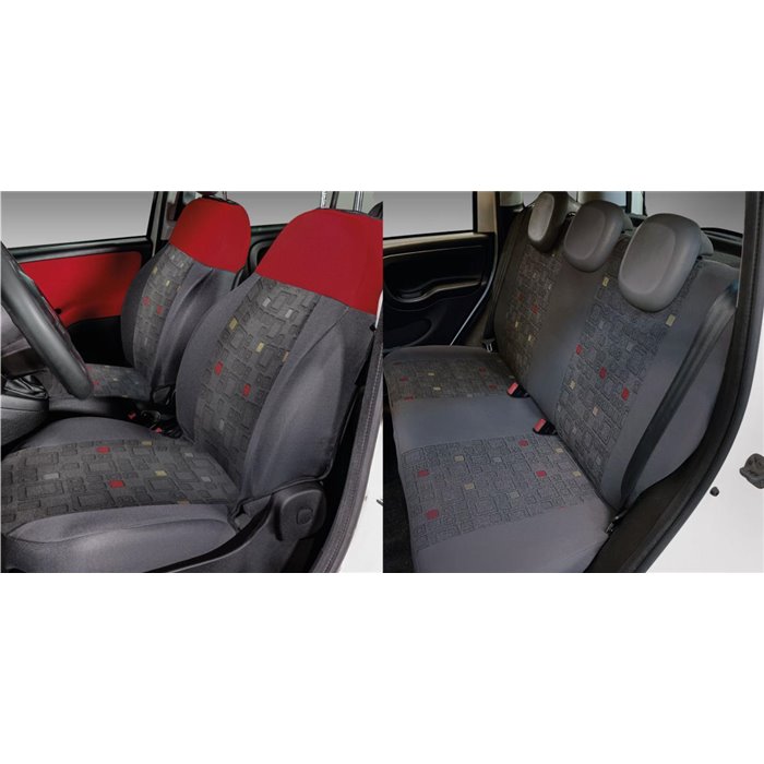 Serie completa coprisedili personalizzati Fiat Panda 12 5 posti post. intero tess. misto cotone quadri grigio/rosso