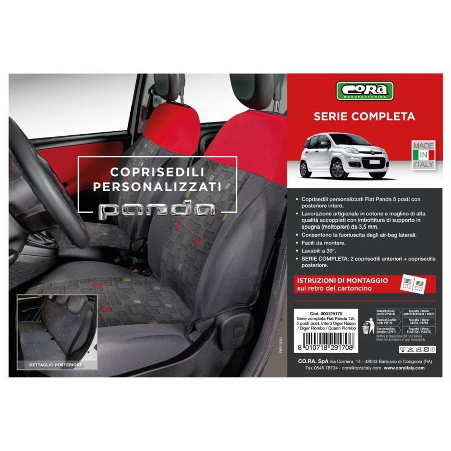 Serie completa coprisedili personalizzati Fiat Panda 12 5 posti post. intero tess. misto cotone quadri grigio/rosso