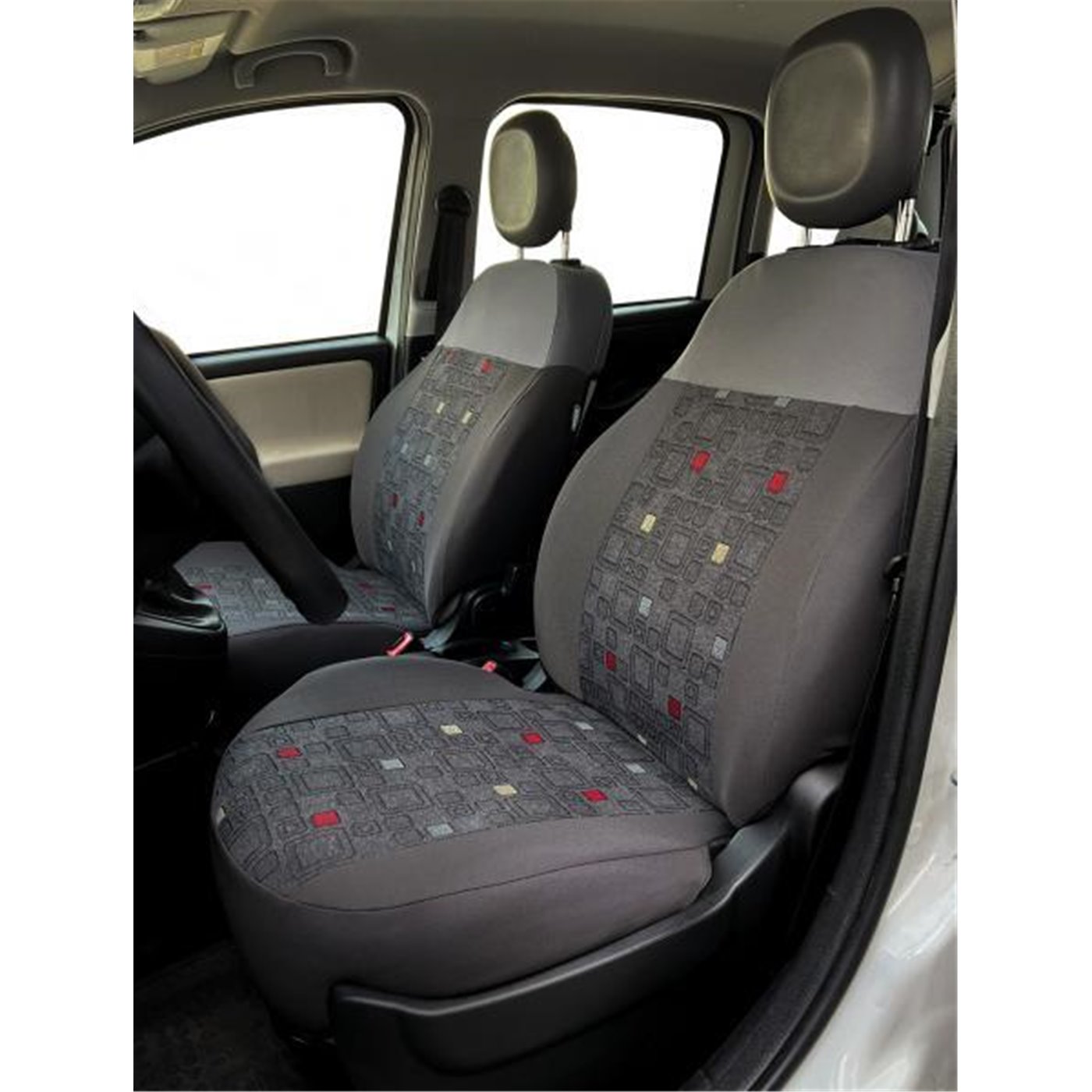 Serie completa coprisedili personalizzati Fiat Panda 12 4 posti post. diviso tess. misto cotone quadri grigio/piombo