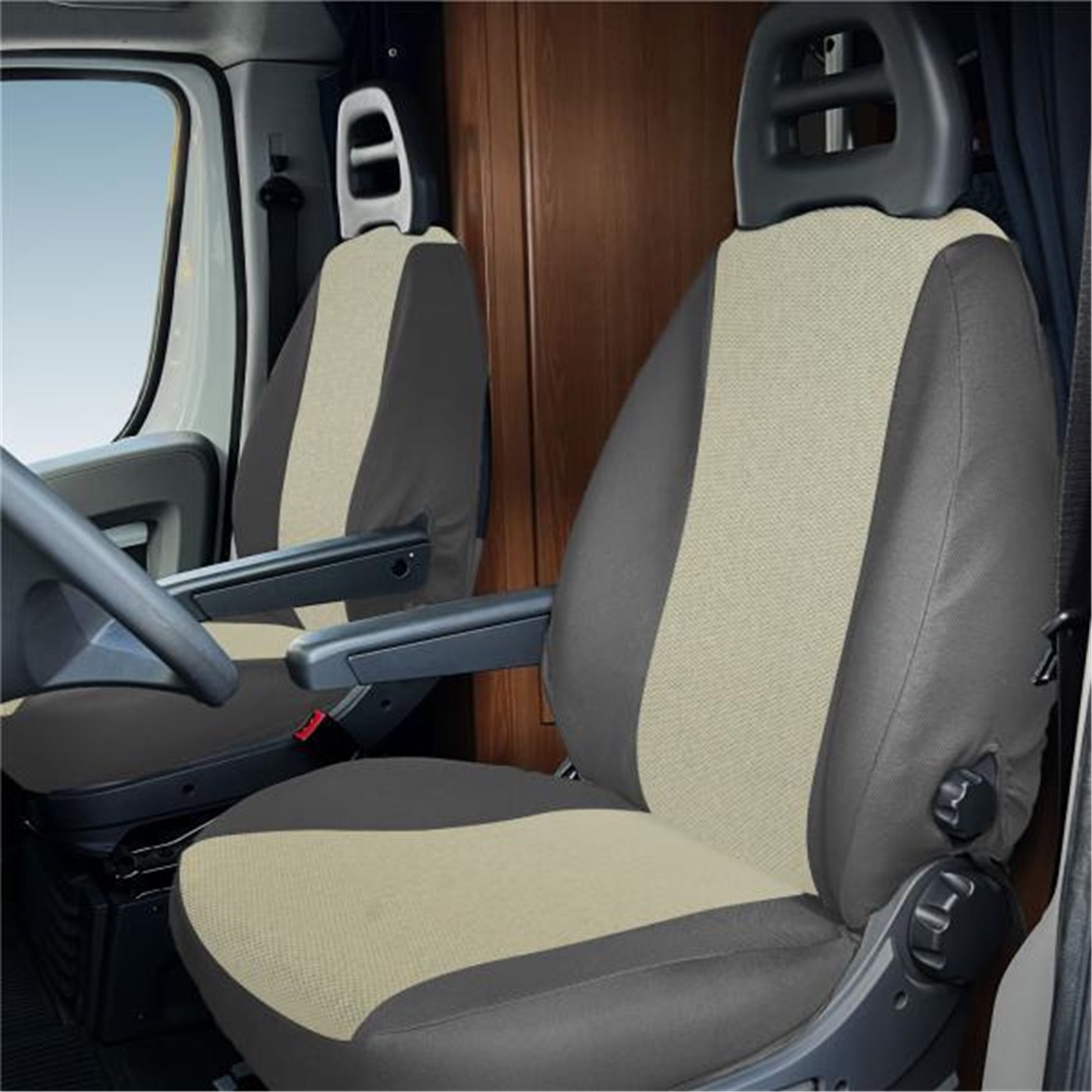 Coprisedili anteriori personalizzati Fiat Ducato camper 0206 tess. misto cotone piombo/crema