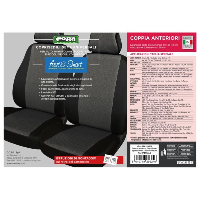 Coprisedili anteriori Fast&Smart tg. speciale tess. misto cotone antracite/nero