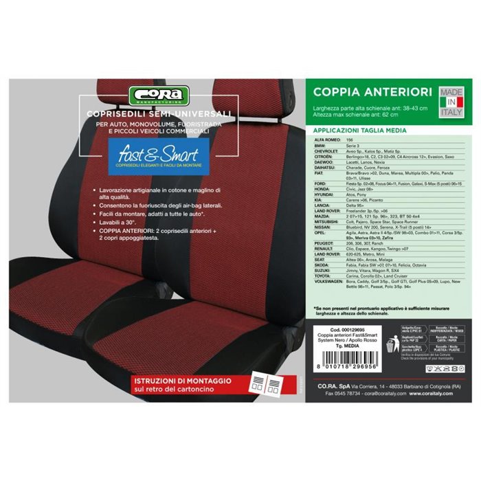 Coprisedili anteriori Fast&Smart tg. media tess. misto cotone rosso/nero